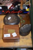 VINTAGE COW BELL, CASED MAGNIFYING GLASS, AND A CIRCULAR WEIGHT (4)