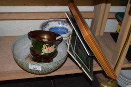VICTORIAN SOAP DISH, COPPER LUSTRE JARDINIERE, VARIOUS SMALL PICTURES AND OTHER ITEMS