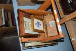 MIXED LOT: SMALL WOODEN TRUG, MIXED PICTURES TO INCLUDE RELIGIOUS