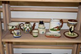 VARIOUS TORQUAY POTTERY WARES TO INCLUDE CANDLESTICKS, JUGS, PIN DISHES ETC