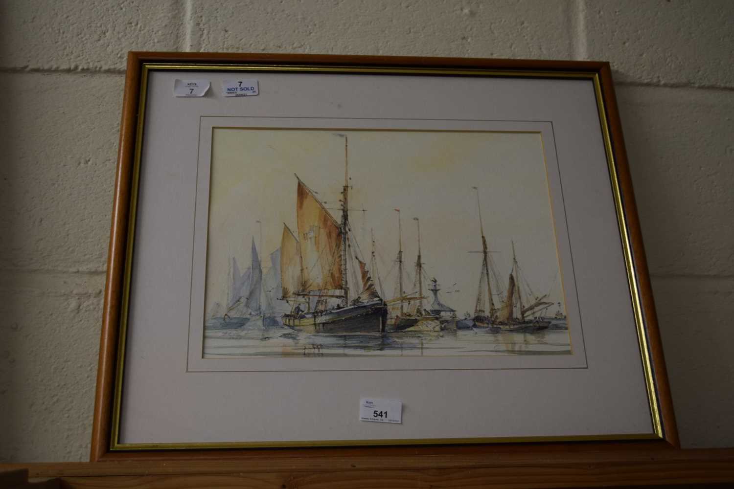 BRITISH 20TH CENTURY, SHIPPING IN CALM WATERS AT THE HARBOUR MOUTH, WATERCOLOUR