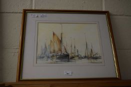 BRITISH 20TH CENTURY, SHIPPING IN CALM WATERS AT THE HARBOUR MOUTH, WATERCOLOUR