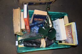 ONE BOX MIXED ITEMS, CHRISTMAS TREE STAND, BOOKS ETC