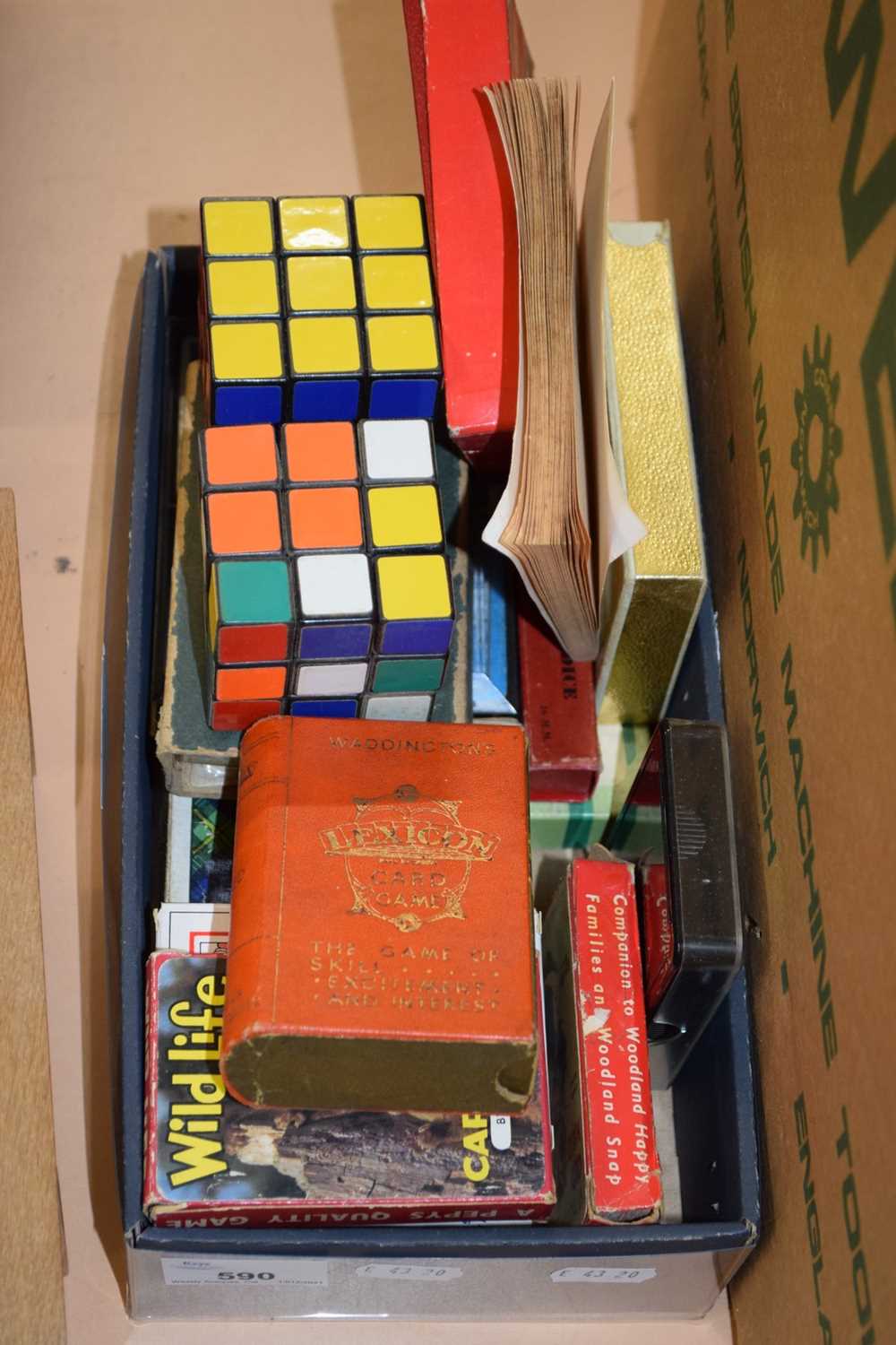 ONE BOX VARIOUS PLAYING CARDS, RUBIX CUBES ETC