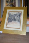 COLOURED PRINT, 'WATERMILL, PRAGUE', INDISTINCTLY SIGNED IN PENCIL, GILT FRAMED AND GLAZED