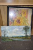 OIL ON BOARD STUDY, COUNTRY ROAD, TOGETHER WITH TWO FURTHER FLORAL PICTURES (3)