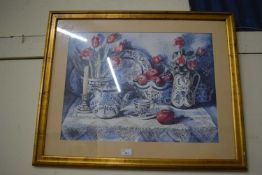 AFTER JOY EVANS, STILL LIFE STUDY, TABLE WITH CHINA AND FLOWERS, COLOURED PRINT, F/G