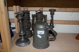 TWO SMALL STORM LANTERNS, PEWTER TANKARD AND A PAIR OF PEWTER CANDLESTICKS