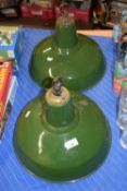 PAIR OF GREEN ENAMELLED METAL PENDANT STYLE LIGHT FITTINGS