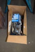 BOX OF MIXED TOOLS TO INCLUDE CLAMPS, FILES, SET SQUARES ETC