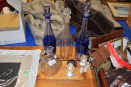 PAIR OF BLUE BOHEMIAN STYLE DECANTERS, GLASS WEIGHTS, CLEAR GLASS DECANTER, GLASS JUG AND OTHER