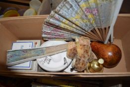 BOX MIXED ITEMS TO INCLUDE FANS, TURNED WOODEN PEAR