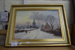 MARCUS FORD, STUDY OF VILLAGE SCENE IN WINTER, OIL ON BOARD, FRAMED