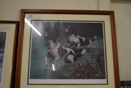 JOHN TRICKETT, SIGNED COLOURED PRINT OF SPANIELS, F/G