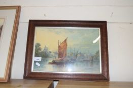 LATE 19TH/EARLY 20TH CENTURY SCHOOL, STUDY OF RIVER BARGES, WATERCOLOUR, OAK F/G