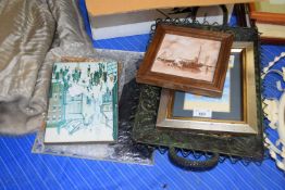 VARIOUS METAL TRAYS, FRAMED PICTURES, FRAMED TILE ETC