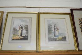 19TH CENTURY SCHOOL, PAIR OF PORTRAITS, RURAL WOMEN ON COUNTRY ROAD, UNSIGNED, WATERCOLOURS, F/G,