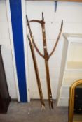VINTAGE WOODEN HAY FORK, AND THREE ASSORTED WALKING STICKS TO INCLUDE HORN HANDLED EXAMPLES