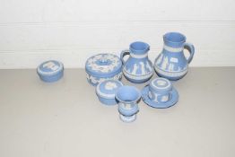 COLLECTION OF BLUE WEDGWOOD JASPERWARE TO INCLUDE JUGS, TRINKET BOXES ETC