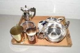 MIXED LOT VARIOUS SILVER PLATED WARES TO INCLUDE TANKARDS, ENTREE DISH, ROSE BOWL ETC