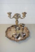 SILVER PLATED CANDELABRA, PAIR OF SILVER PLATED CANDLESTICKS AND A SILVER PLATED PRESENTATION