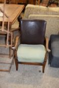 EARLY 20TH CENTURY HARDWOOD FRAMED SIDE CHAIR WITH LEATHER BACK WITH GALLEON DESIGN