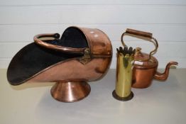 COPPER COAL CHUTE, COPPER KETTLE AND A BRASS SHELL CASE