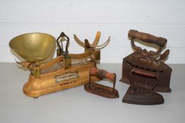 BOX OF MIXED ITEMS TO INCLUDE VINTAGE FLATIRONS, KITCHEN SCALES