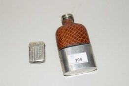 SILVER PLATED AND LEATHER MOUNTED HIP FLASK, TOGETHER WITH A FURTHER SMALL SILVER PLATED VESTA