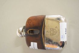 SMALL SILVER PLATED AND LEATHER MOUNTED HIP FLASK BEARING PRESENTATION INSCRIPTION 'C C GARBETT BY