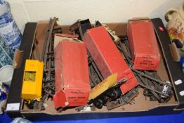 BOX OF VARIOUS HORNBY RAILWAYS ROLLING STOCK, TRACK AND OTHER ITEMS TO INCLUDE CEMENT WAGON, TIPPING