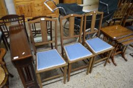 SET OF THREE EDWARDIAN MAHOGANY FRAMED BEDROOM CHAIRS WITH BLUE SEATS