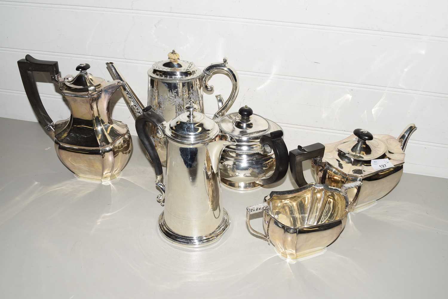 MIXED LOT SILVER PLATED THREE PIECE TEA SERVICE PLUS FURTHER COFFEE POT, HOT WARE JUG AND TEA POT (