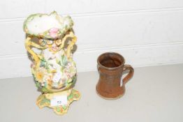 COALBROOKDALE STYLE DOUBLE HANDLED FLORAL ENCRUSTED VASE AND A SMALL STONEWARE STUDIO POTTERY BEAKER