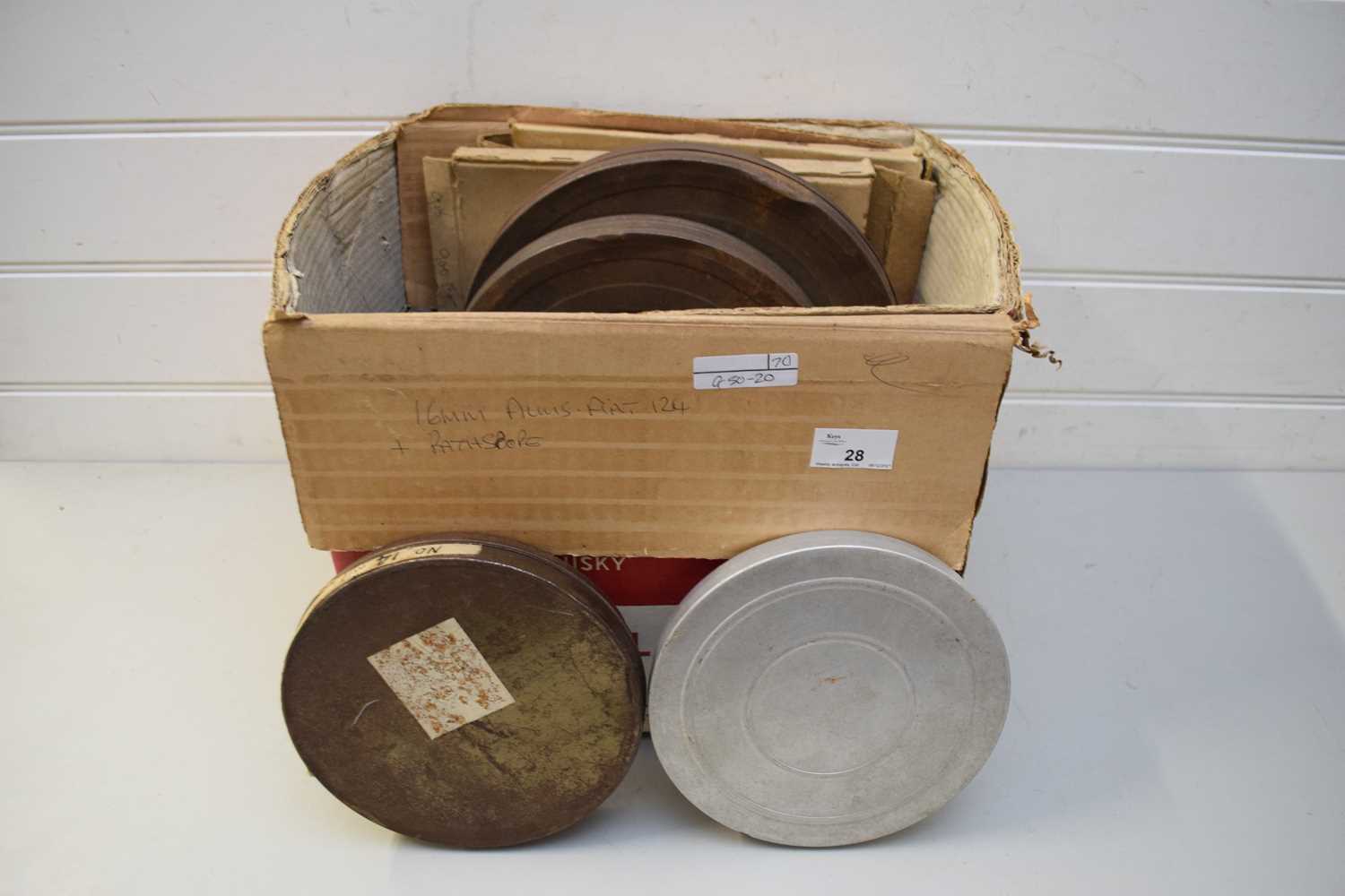 BOX VINTAGE 16MM FILM REELS, MARKED FIAT 124 AND PATHESCOPE