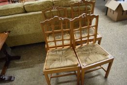 SET OF FOUR 20TH CENTURY OAK MESH BACK DINING CHAIRS WITH SISAL COVERED SEATS