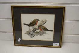 COLOURED PRINT OF ROBINS, F/G