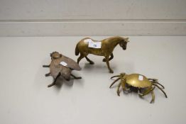 MIXED LOT BRASS HORSE AND TWO NOVELTY STORAGE BOXES FORMED AS A CRAB AND A FLY