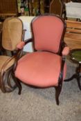 20TH CENTURY CONTINENTAL CABRIOLE LEGGED RED UPHOLSTERED ARMCHAIR