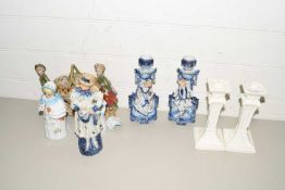 MIXED LOT NODDING HEAD FIGURES, CERAMIC FIGURAL CANDLESTICKS, CONTINENTAL BISQUE TABLE BASKET AND