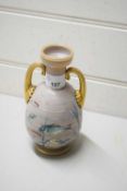 19TH CENTURY OPAQUE GLASS DOUBLE HANDLED VASE DECORATED WITH A SCENE OF FISH