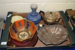 BOX OF MIXED ITEMS TO INCLUDE A MASONS GILT DECORATED OCTAGONAL BOWL, GERMAN POTTERY VASE, SILVER