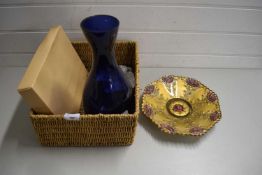 BASKET CONTAINING GILT DECORATED PLATE, BLUE GLASS VASE AND OTHER ITEMS