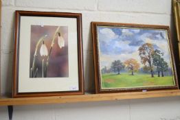 PHOTOGRAPHIC PRINT OF SNOWDROPS TOGETHER WITH CONTEMPORARY SCHOOL OIL ON BOARD STUDY OF A PARKLAND