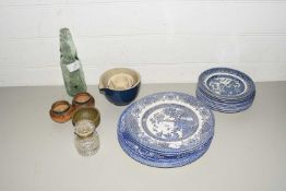 MIXED LOT DOULTON STONEWARE MUSTARD POTS, VARIOUS BLUE AND WHITE PLATES ETC