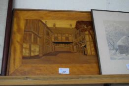 MARQUETRY PICTURE, TUDOR BUILDINGS, 40CM WIDE