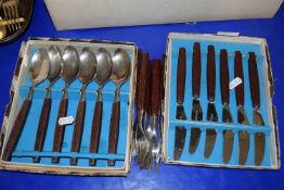 TWO BOXES PLUS FURTHER LOOSE STEEL AND WOODEN HANDLED CUTLERY