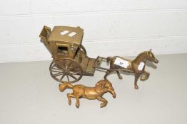 BRASS HORSE AND CARRIAGE AND A FURTHER HORSE