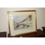 19TH CENTURY SCHOOL STUDY OF AN UPLAND LANDSCAPE WITH RIVER, WATERCOLOUR, UNSIGNED, GILT F/G, 57CM