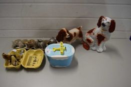 MIXED LOT STAFFORDSHIRE DOG, VARIOUS WADE WHIMSIES, NOVELTY BUTTER CONTAINER, SILVER PLATED BIRD